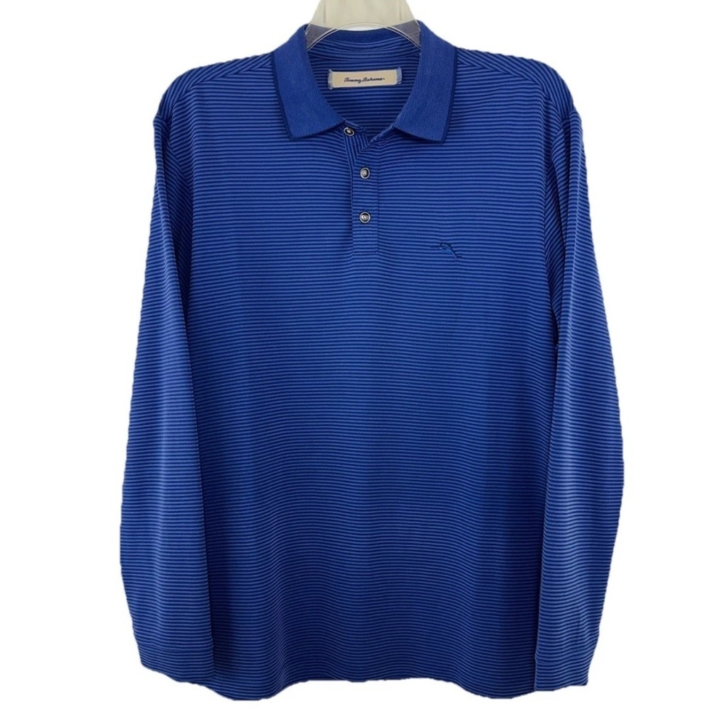 Tommy Bahama Polo Shirt Mens Large Blue Striped Marlin Logo Golf Casual